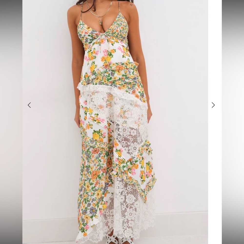 For Love & Lemons Floral Lace Maxi Dress in White, Yellow, Green - Picture 1 of 4